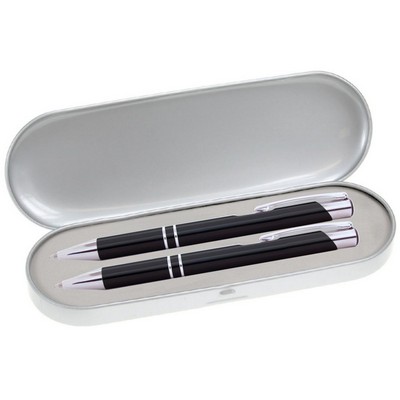 JJ Series Pen and Pencil Gift Set in Silver Tin Gift Box with Hinge Cover - Black pen