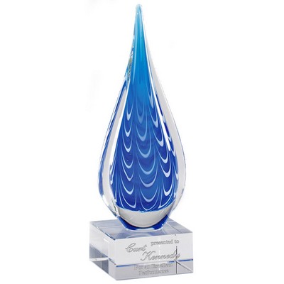 10" Art Blue Accents Glass Sculpture Award Hand Blown Tear Shape Glass