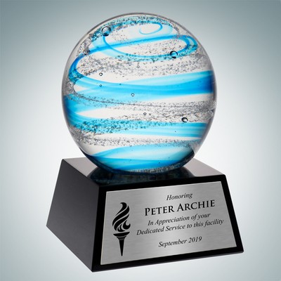 Art Glass Blue Jupiter Award w/Black Base & Silver Plate