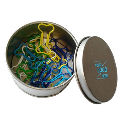 Dog Bone Shaped Paper Clips in Metal Tin