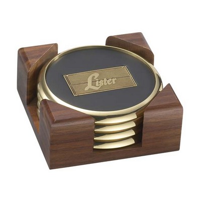 4 Round Solid Brass Coasters w/Solid Walnut Wood Square Stand