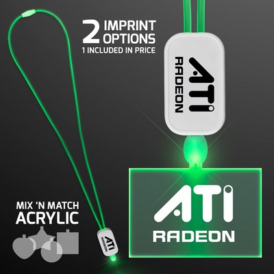 Green Light Up Lanyard Necklace with Acrylic Rectangle Pendant - Domestic Imprint