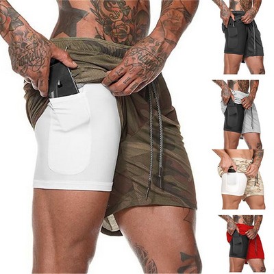 2 In 1 Men Beach Summer Workout Sport GYM Shorts