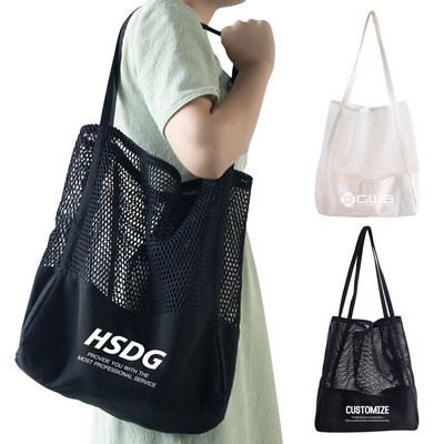 Embroidered Mesh Shoulder Tote Bag