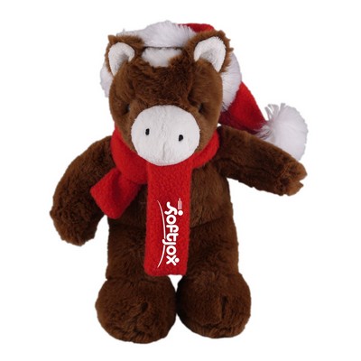 Soft Plush Stuffed Horse with Christmas Hat and Scarf