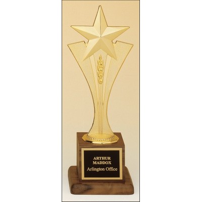 Metal Goldtone Star Riser Award w/Walnut Base