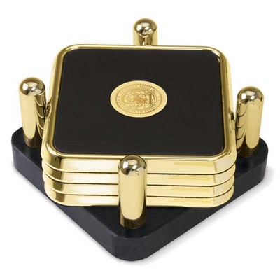 Leather and Gold Tone Square 4 Coaster Set w/Black Base