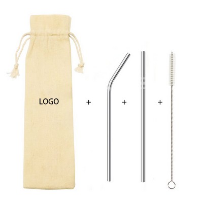 2 Steel Straw & Brush w/Jute Bag