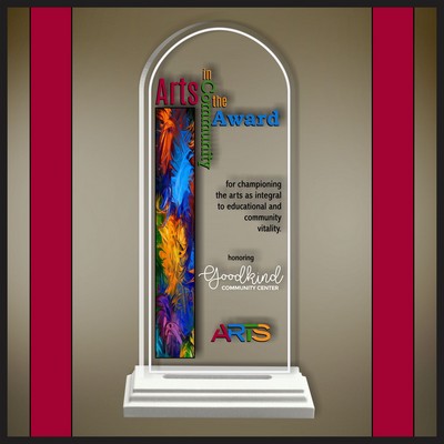 11" Arch Clear Acrylic Award with a White Wood Base