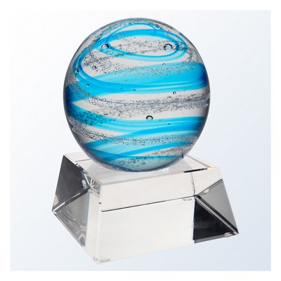 Blue Snow Globe Art Glass Series on Clear Crystal Base, 5-1/2"H