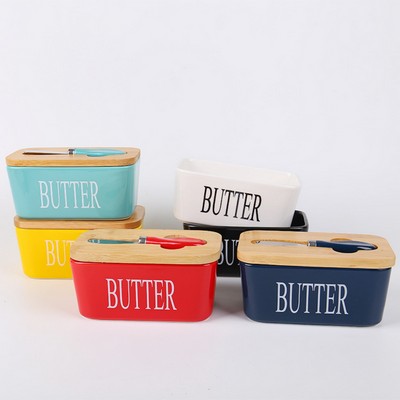 Multi-color ceramic sealed butter box with bamboo cover square butter box with knife multi-function