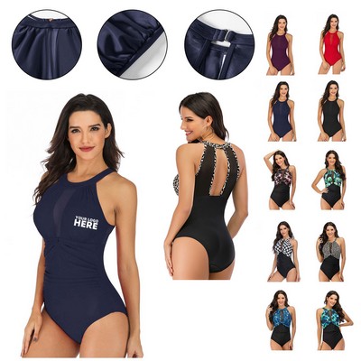 Women One Piece Swimsuit High Neck Plunge Mesh Swimwear