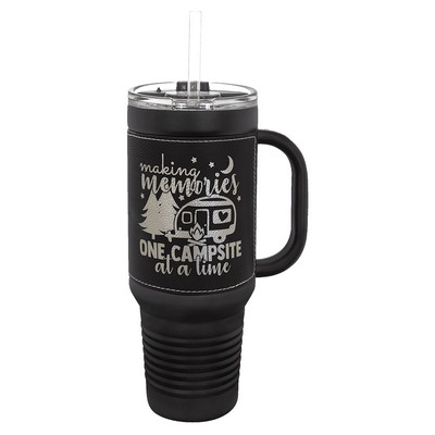 Polar Camel 40 oz. Black with Black/Silver Laserable Leatherette Travel Mug with a Handle, Straw Inc