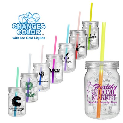 24 Oz. Plastic Mason Jar w/Mood Straw (Spot Color)