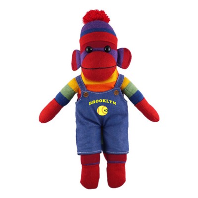 Rainbow Sock Monkey (Plush) in denim overall.