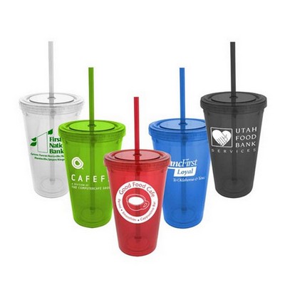 16 Oz. Double Wall Tumbler w/Straw