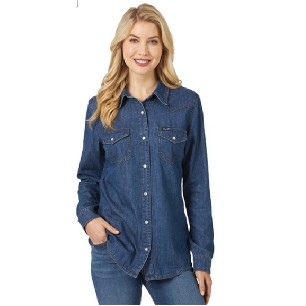 Wrangler® Women's Dark Denim Blue Long Sleeve Western Snap Denim Shirt