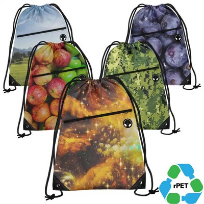 13"X18" rPET Recycled 210D Polyester Sublimation Zip Pocket & Earphone Outlet Drawstring Backpack