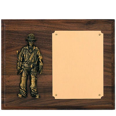 Walnut Finish Plaque w/Mounted Antique Brass Firefighter & Brass Engraving Plate (8"x10")