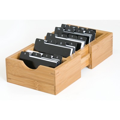 Bamboo Expandable Business Card Holder w/ 3 Removable Dividers & Alphabet Index Tabs