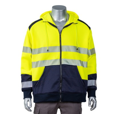 Excavator Hi Vis Class 3 Color Block Safety Zipper Hoodie With Segmented Tape And Kangaroo Pocket