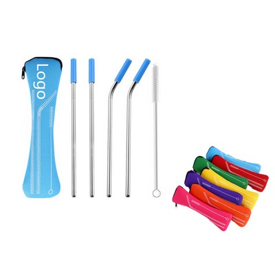 Reusable Stainless Steel Straws w/Cleaning Brush & Zipper Pouch Bag