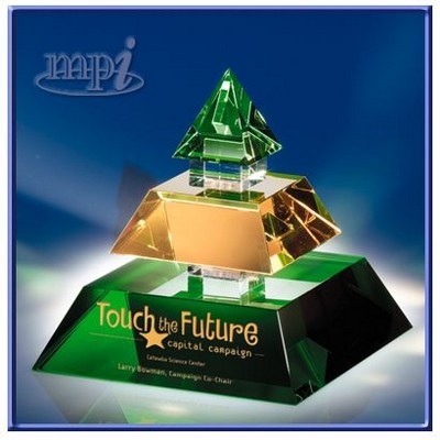 Legend of Success Green & Amber Crystal Pyramid Award 4"H