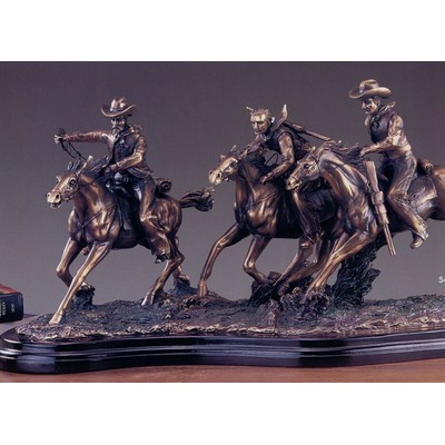 Copper Finish 3 Cowboys on Horses Trophy w/Curved Oblong Base (22"x11.5")