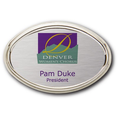 Silver Name Badge in Silver Frame Oval (1.9375"x2.75")