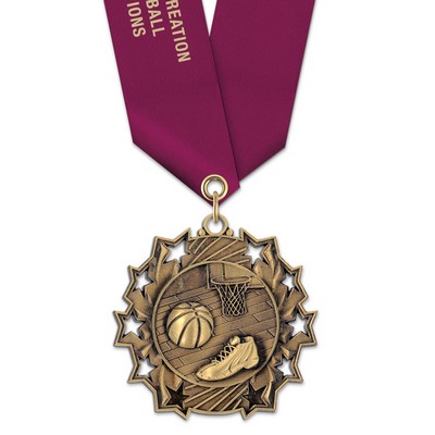 2 1/4" Basketball TS Medal w/ Satin Neck Ribbon