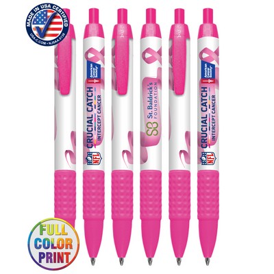 Certified USA Made - Breast Cancer - Wide Body Click Pen with Colored Trim and Rubber Grip