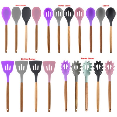 Silicone Cooking or Serving Utensil With Wooden Handle, Individual Piece or Make It A Set