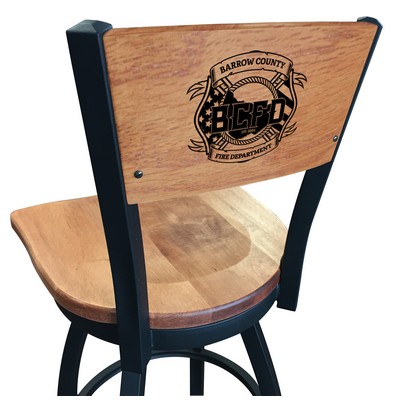 25" Swivel Stool w/Black Finish, Solid Wood Seat, Laser Engraved Solid Wood Back