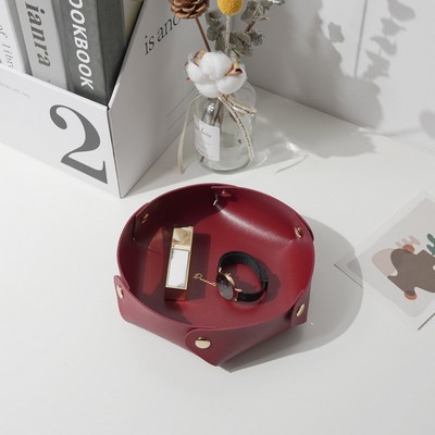 4.92'' Dia Foldable PVC Leather Desk Sundries Storage Tray