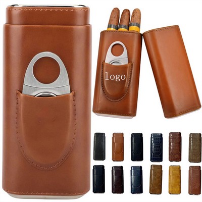 3 Finger Leather Cigar Case With Silver Stainless Stee