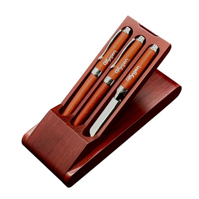 Premade Wooden Pen Set - Wooden Pen Stand with Ballpoint Pen, Lead Pencil & Letter Opener