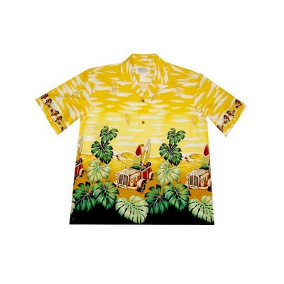 Yellow Hawaiian Border Print Cotton Poplin Shirt w/ Button Front