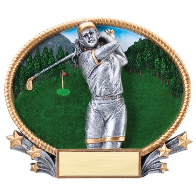 Golf, Female 3D Oval Resin Awards -Large - 8-1/4" x 7" Tall