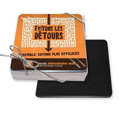 Gift Boxed Set of 4 Premium Square Coasters .010 Frosted Plastic Top & 3/32" Rubber base Full Color