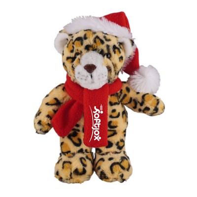 Soft Plush Stuffed Leopard with Christmas Hat and Scarf