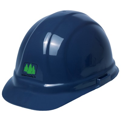 Dark blue hard hat, six point ratchet suspension