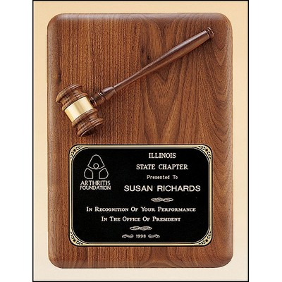 American walnut plaque with Gold Metal Gavel, 11 x 15"