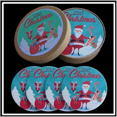 4 Round Absorbent Stone Coaster Gift Box Set with Printed Label - Full Bleed Print