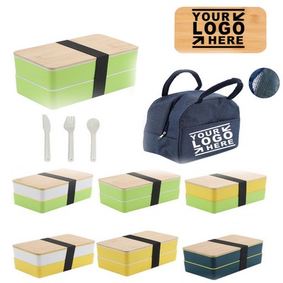 Custom Bamboo Lid Lunch Box With Tableware Set