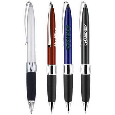 Metallic Finish Twist Action Ballpoint Pen w/ Rubber Grip & Chrome Trim