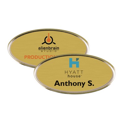 Gold Framed Oval Name Badge w/Full Color Imprint & Personalization (2 3/8" x 1 1/8")