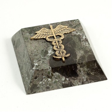 Green Marble Paperweight with Brass Medical Symbol