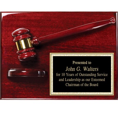 Rosewood Piano Gavel Plaque w/Brass Plate, Matching Gavel, 9"x12"