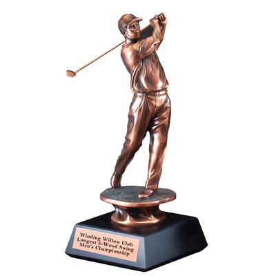 14" Bronze Electroplated Male Golf Follow Through Swing Trophy w/Black Base