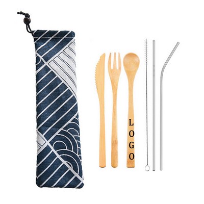 6 Pieces Bamboo Utensil Set w/Pouch